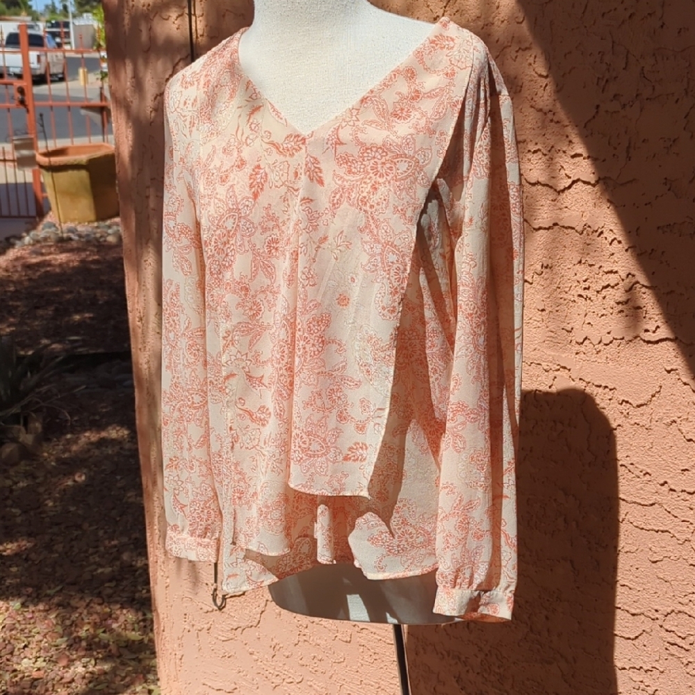 Chico's Peach Paisley V-Neck Long-Sleeve Blouse